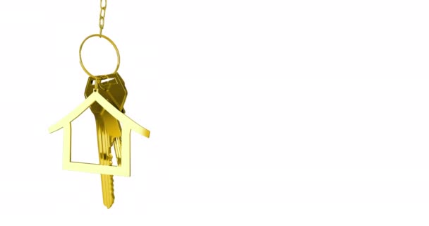 金色房子钥匙和房子形状的钥匙扣挂在白色背景4K的动画 — 图库视频影像
