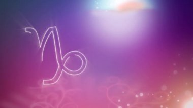 Oğlak burcunun beyaz anahat animasyonuzak parıldayan ışıklar ile mor pembe degrade arka plan üzerinde görünen