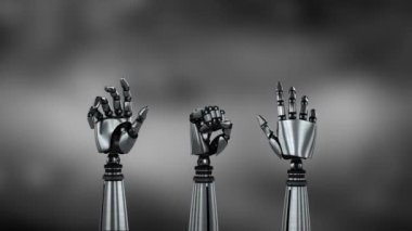 Üç metal robot elin gri bir arka plan üzerinde tornalama ve yumruk atma animasyonu