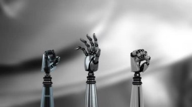 Metalik arka plan üzerinde üç metal robot eller tornalama ve amcacı yumruk animasyonu