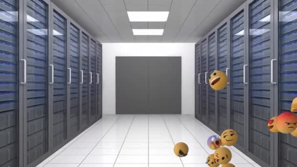 Animazione Icone Emoji Che Volano Destra Sinistra Con Server Computer — Video Stock
