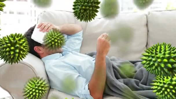 Animación Virus Verdes Con Hombre Caucásico Enfermo Con Fiebre Acostado — Vídeos de Stock