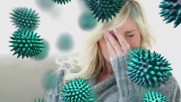 用一个正在打喷嚏的高加索女人动画化绿色3D病毒 — 图库视频影像