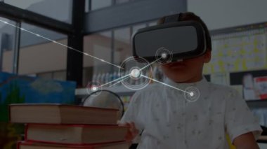 Ön planda, VR kulaklık takmış beyaz bir okul çocuğuyla yüzen bağlantıların animasyonu. Elleriyle uzanıp arka plana bakıyor.