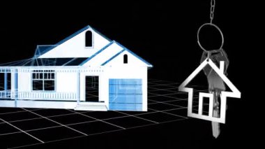 Siyah bir arka plan üzerinde dönen bir 3d ev modeli üzerinde asılı gümüş ev tuşları ve ev şeklinde anahtarlık Animasyon