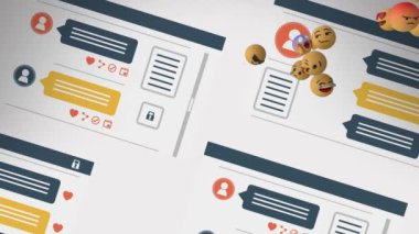 Arka planda bir adres defteri ile sağdan sola uçan emoji simgelerinin animasyonu