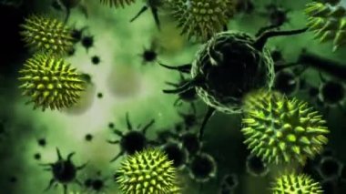 Bulanık yeşil arka plan üzerinde yüzen yeşil 3d virüslerin animasyonu