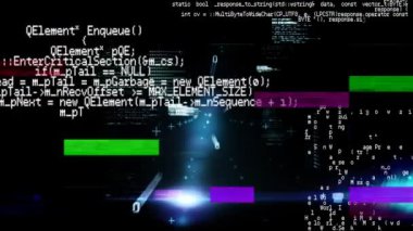 Siyah arka plan üzerinde titreşen renkli dikdörtgenler ve ışık izleri ile beyaz veri işleme ve kaydırma animasyonu