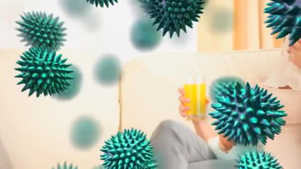 Animatie Van Groene Virussen Met Een Zieke Blanke Vrouw Liggend — Stockvideo