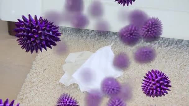 Animation Purple Viruses Ill Caucasian Woman Blowing Her Nose Coughing — Stock Video