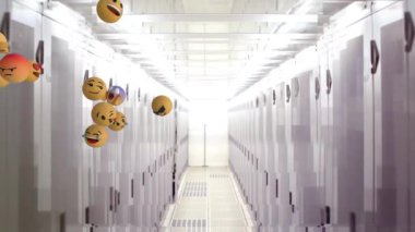 Arka planda bilgisayar sunucuları ile soldan sağa uçan emoji simgelerinin animasyonu