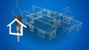 Mavi bir arka plan üzerinde dönen 3d mimari çizim üzerinde asılı gümüş ev tuşları ve ev şeklinde anahtarlık Animasyon