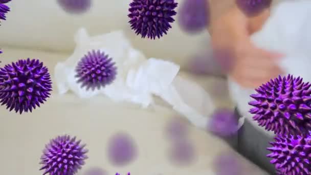 在一个病弱的高加索女人的近视下 在她的鼻子上喷出紫色3D病毒 并在背景下咳嗽 — 图库视频影像