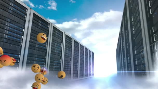 Animazione Icone Emoji Che Volano Sinistra Destra Con Server Computer — Video Stock