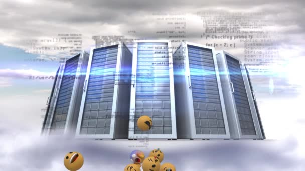 Animatie Van Emoji Iconen Die Met Computer Servers Achtergrond Vliegen — Stockvideo