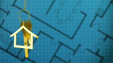 Altın ev anahtarları ve mavi bir arka plan üzerinde mimari çizim üzerinde asılı ev şeklinde anahtarlık Animasyon