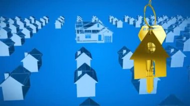 Altın ev anahtarları ve mavi bir arka plan üzerinde dönen 3d ev modelleri üzerinde asılı ev şeklinde anahtarlık Animasyon