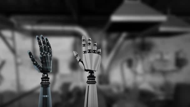 金属机器人手在模糊的工业背景上转动和松开拳头的动画 — 图库视频影像