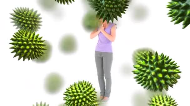 Animation Virus Verts Avec Une Femme Caucasienne Malade Éternuant Mouchant — Video