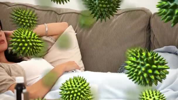 Animation Green Viruses Ill Caucasian Woman Lying Sofa Sneezing Background — Stock Video