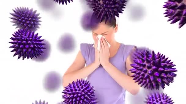 Animación Virus Púrpura Con Una Mujer Caucásica Enferma Estornudando Sonándose — Vídeo de stock