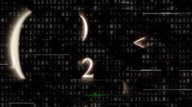 Siyah arka planlı titreşen sayılar ızgarası üzerine düşen beyaz parlayan sayıların animasyonu