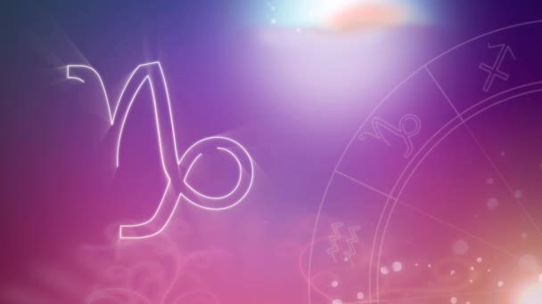 カプリコーン干支の白い輪郭と 遠くのきらめくライトを持つピンクのグラデーションの背景に紫色に現れる回転干支の輪郭のアニメーション — ストック動画