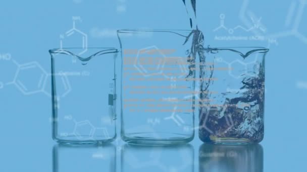 三个实验室烧杯填充有色化学液体的动画 蓝色背景上含有化合物的数据和结构公式 — 图库视频影像
