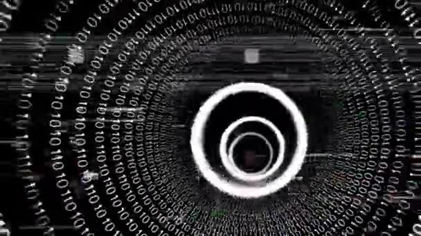 Animation de codes binaires tournant avec des cercles blancs apparaissant sur un fond noir 