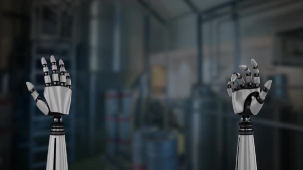 Анімація Металевих Роботів Рук Повертають Розкривають Кулак Над Розмитим Промисловим — стокове відео