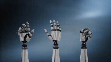 Bulanık mavi ve siyah arka plan üzerinde üç metal robot el çevirme ve amcacı yumruk animasyonu