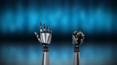 Metal robot ellerin siyah arka plan için bulanık mavi üzerinde tornalama ve amcacı yumruk animasyonu