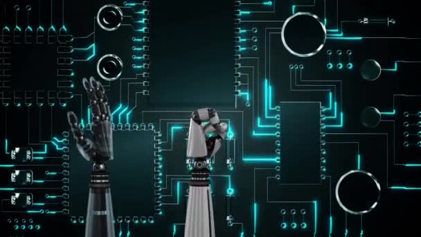 バックグラウンドでコンピュータ回路基板の上に金属ロボットの手の回転とこぶしのアニメーション — ストック動画