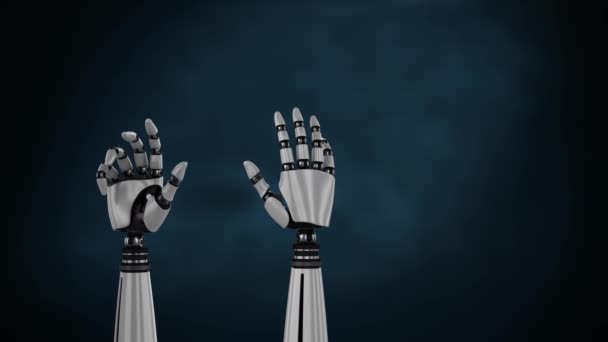 Animation Metal Robot Hands Turning Unclenching Fist Dark Blue Background — Stock Video