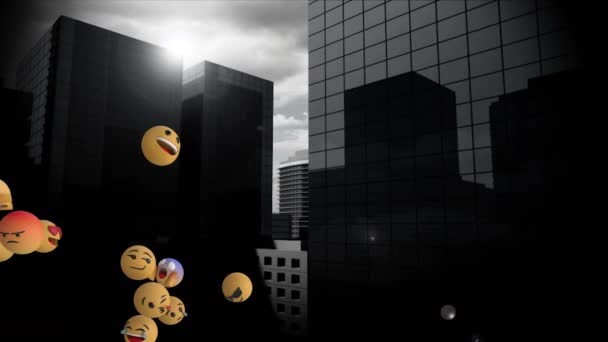 Animação Ícones Emoji Voando Esquerda Para Direita Sobre Paisagem Urbana — Vídeo de Stock