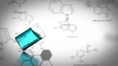 Ön planda kimyasal bileşiklerin veri ve yapısal formülü ile mavi sıvı dökülmesi ile düşen bir laboratuvar kabıanimasyonu