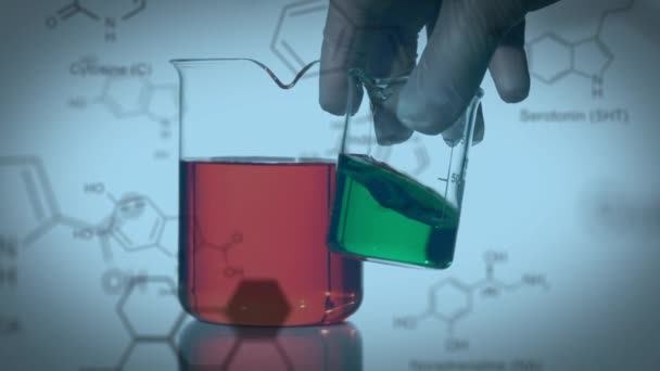 着色された化学液体を含む2つの実験室ビーカーのアニメーション 1つは青い背景に化学化合物のデータと構造式と混合されている — ストック動画