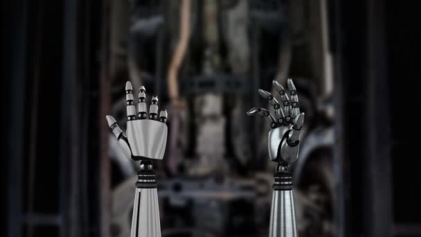 Animation Metal Robot Hands Turning Unclenching Fist Blurred Industrial Background — Stock Video