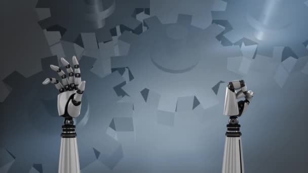 Animacja Metalu Robota Ręce Toczenia Unclenching Pięść Nad Spinning Zębów — Wideo stockowe