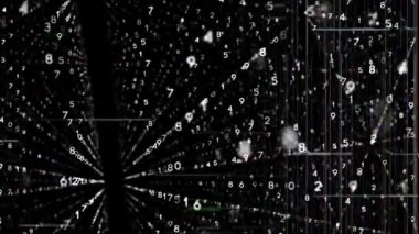 Siyah bir arka plan üzerinde titreşen sayıların ve ışık yollarının 3b satırlarının animasyonu