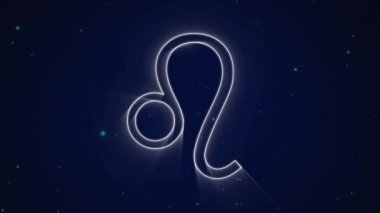 Mavi parlayan noktalar ile mor bir arka plan üzerinde görünen Aslan burcu beyaz bir anahat animasyon