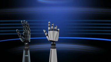 Metal robot ellerin yatay çizgilerle mavi arka plan üzerinde tornalama ve yumruk atma animasyonu