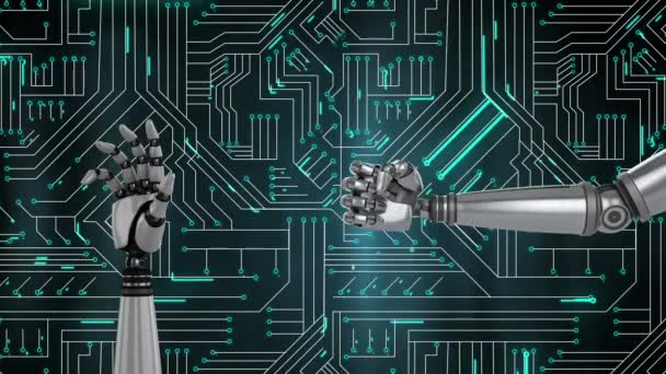 Metal Robot Ellerin Tornalama Yumruk Atma Arka Planda Bir Bilgisayar — Stok video