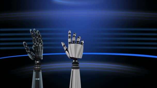 Animatie Van Metalen Robot Handen Draaien Unclenching Vuist Blauwe Achtergrond — Stockvideo