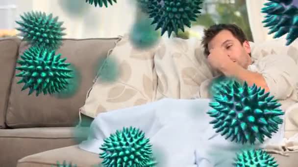 一个白种人躺在床上和一个白种人女人躺在床上 用这种绿色3D病毒的动画给他带来了药物 — 图库视频影像