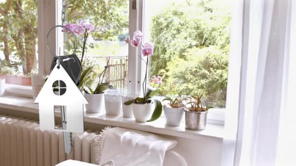 背景の居間に掛かる銀色の家の鍵と家の形のキーフォブのアニメーション — ストック動画