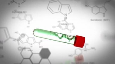 Ön planda kimyasal bileşiklerin veri ve yapısal formülü ile yeşil sıvı düşen bir test tüpü animasyonu