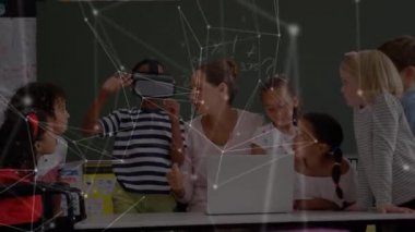 Animation of network of connections floating in the foreground with an African American schoolboy wearing a VR headset and waving, while multi-ethnic schoolchildren and a Caucasian female teacher are watching him