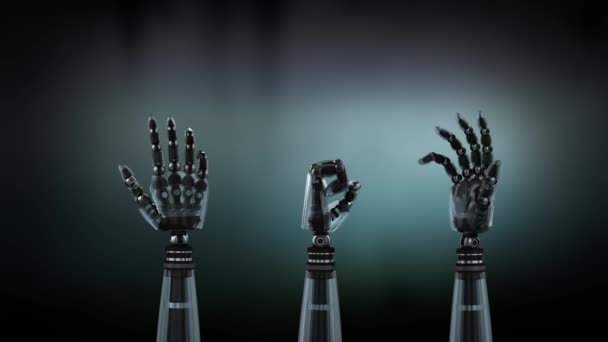 三个金属机器人手在黑暗的渐变背景上转动和松开拳头的动画 — 图库视频影像