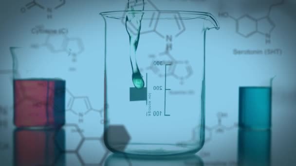 Animacja Trzech Laboratoryjnych Zlewek Wypełnionych Kolorowymi Płynami Chemicznymi Danymi Strukturalną — Wideo stockowe